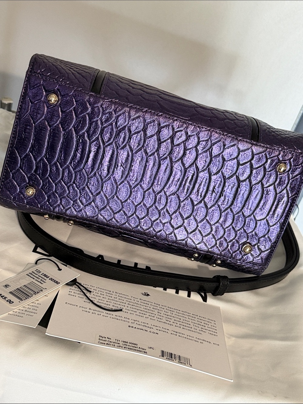 Brahmin Metallic Purple Embossed Satchel with Black Trim - Picture 4 of 5
